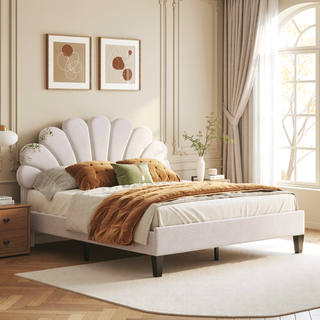 Sunvega Queen Size Upholstered Platform Bed with Flower Pattern Velvet Headboard