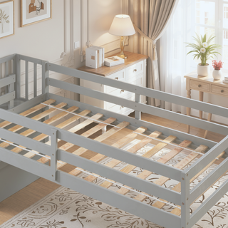 Sunvega Grey Pine Wood Loft Bed with Staircase and Storage Steps
