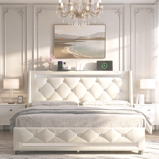 Sunvega Queen Size Bed Frame with Headboard LED Lights Charging Station Storage