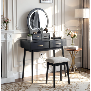 Sunvega Pink Finish Vanity Dresser with Mirror and Stool Set LED Light