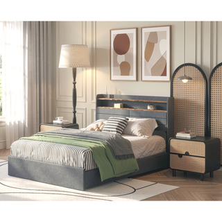 Sunvega Queen Upholstered Bed Frame with Headboard LED Lights Charging Station and 4 Storage Drawers