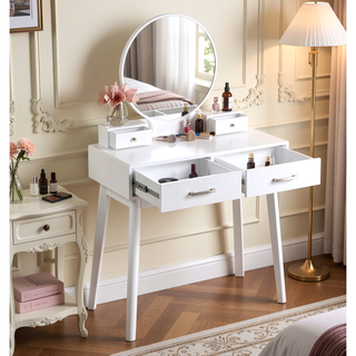 Sunvega Contemporary White Wood Vanity and Stool Set with Round Mirror