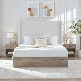Sunvega Upholstered Wingback Bed with 54 Inch High Headboard in Textured Ivory Canvas Chenille