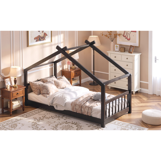 Sunvega Full Size Playhouse Design Wood Bed with Roof for Kids Room