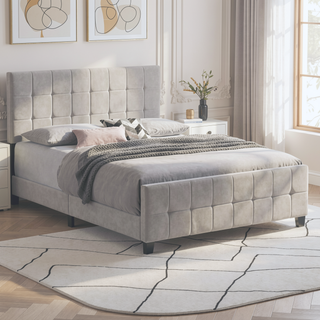 Sunvega Tufted Upholstered Queen Panel Bed with Grid Headboard and Footboard
