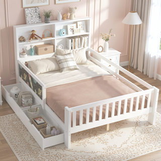 Sunvega Twin Solid Wood Platform Bed with Chalkboard Headboard and Storage Drawers