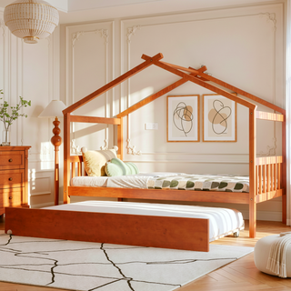 Sunvega Twin Size Wooden House Bed with Trundle and Headboard for Kids Room