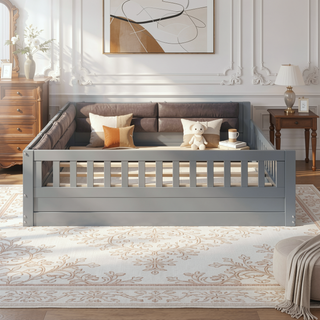 Sunvega Beige Full Size Upholstered Wood Platform Bed with Guardrail and Pillow