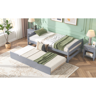 Sunvega White Twin Size Platform Bed with Trundle and Headboard Footboard