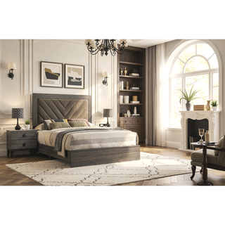 Sunvega Queen Size Upholstered Bed with V Shaped Headboard in Gray Finish