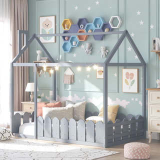 Sunvega Twin Size House Bed Frame with Fence and Roof for Kids and Teens
