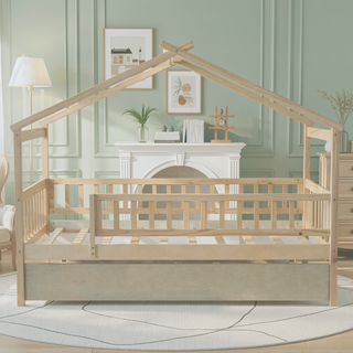 Sunvega Twin Size Wooden House Bed with Trundle and Headboard in Walnut
