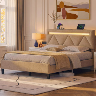 Sunvega Full Bed Frame with Headboard Upholstered Platform Charging Station LED Lights