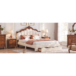 Sunvega Queen Size Upholstered Platform Bed with Storage Drawer and LED Lights