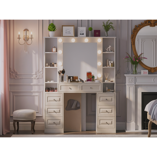 Sunvega Makeup Vanity Desk with Lighted Mirror, Charging Station and 7 Drawers
