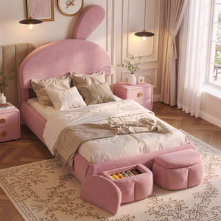 Sunvega Pink Twin Size Cartoon Ears Shaped Upholstered Platform Bed with Light
