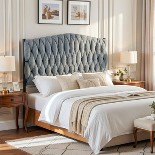 Sunvega Braided Matisse Twin Size Headboard in Black Metal and Blue Fabric