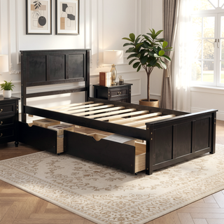 Sunvega Twin Size Platform Bed with Trundle in Espresso Made of Solid Wood