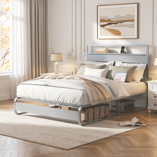 Sunvega Queen Size Metal Bed Frame with LED Light and Charging Station Headboard