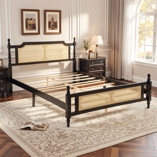 Sunvega Queen Pine Wooden Bed with Rattan Headboard and Footboard for Bedroom