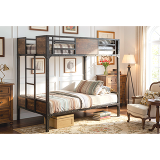 Sunvega Industrial Black Metal Bunk Bed With Wood Panels And Attached Ladder