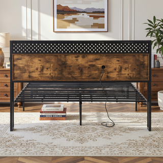 Sunvega Full Size Metal Platform Bed Frame with Wooden Headboard and Footboard