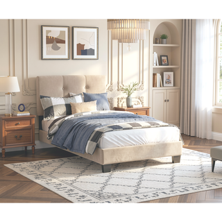 Sunvega Light Brown Velvet Upholstered Queen Platform Bed with Adjustable Height Headboard