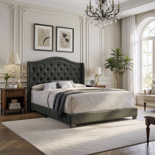 Sunvega Copper Beige Upholstered Queen Wingback Bed with Classic High Back Design