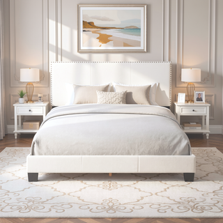 Sunvega Plush Velvet Upholstered Platform Bed with Nailhead Trim and Padded Headboard