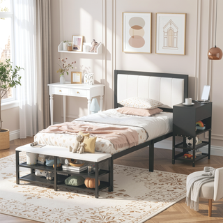Sunvega Full Size Metal Platform Bed with Two Tier Storage Shelves and Wooden Cabinet