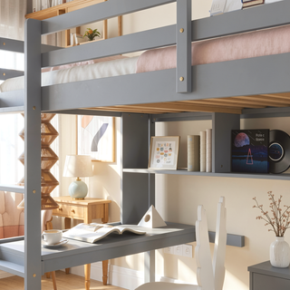 Sunvega Twin Size Loft Bed with Desk, Shelves, Safety Guardrail and Ladder in White