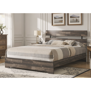 Sunvega Rustic Queen Platform Bed Slat Headboard with Brown Finish Wood Veneers