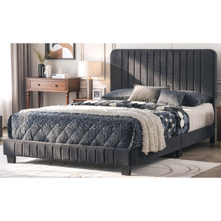 Sunvega Full Bed with Chic Tufted Headboard and Vibrant Blue Hue in One Box