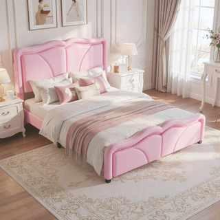 Sunvega Pink Twin Size Upholstered Bed with Height-Adjustable Headboard and LED Light Strips