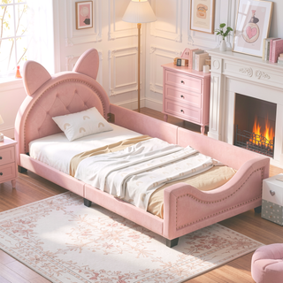 Sunvega Pink Twin Upholstered Daybed with Scalloped Headboard for Kids