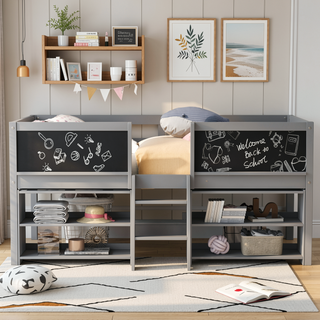 Sunvega Twin Size Low Loft Bed with Movable Shelves Ladder and Decorative Chalkboard Guardrail