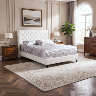 Sunvega Elegant Transitional Upholstered Bed In White With Plush Headboard