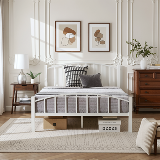 Sunvega Modern Metal Platform Bed with Arched Vertical Bar Headboard and Footboard