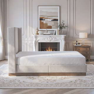 Sunvega Cream White Boucle Upholstered Wingback Bed with Wood Base Platform