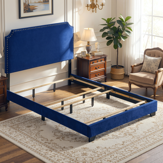Sunvega Blue Queen Panel Bed with Scooped Headboard and Upholstered Footboard