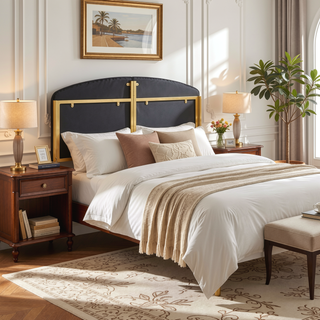 Sunvega Glam Queen Headboard with Gold Steel Frame and Black Velvet Upholstery