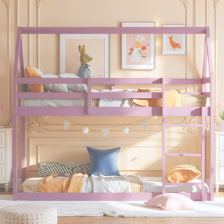 Sunvega Rubber Wood Twin over Twin Bunk Bed with Ladder and Guardrails