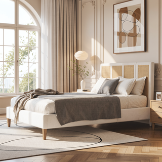Sunvega Upholstered Platform Bed with Rattan Panels and Ivory Fabric for Bedroom