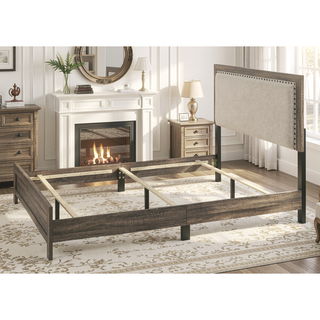 Sunvega Brown Cherry Finish Contemporary Fabric Panel Bed in One Box
