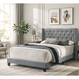 Sunvega Gray Polyester Fabric Wingback Bed with Button-tufted Details and Nailhead Trim