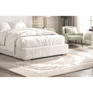 Sunvega Contemporary White Fur Chenille Fabric Mattress Ready Queen Size Bed