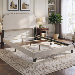 Sunvega Art Deco Inspired Queen Panel Bed with Nailhead Trim and Matte Metallic Finish