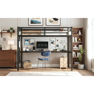 Sunvega Metal Twin XL Loft Bed with Desk, USB, LED Light, and Power Outlet