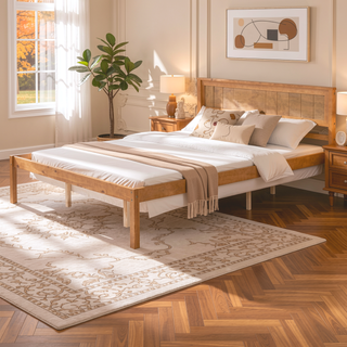 Sunvega Sturdy Wood Platform Bed Frame with Headboard for Queen Size Oak Finish