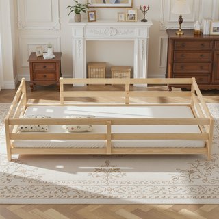 Sunvega Full Size Floor Bed with Fence for Kids Made of Sturdy Pine Wood